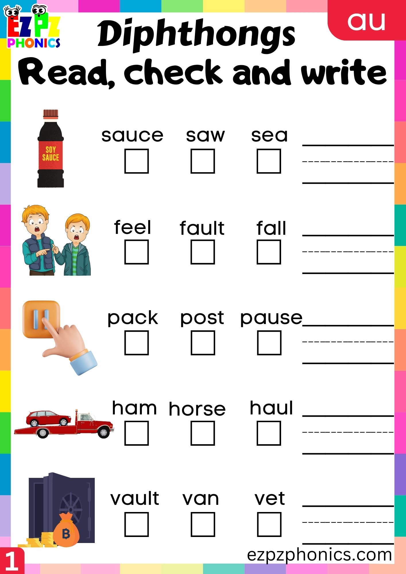 au Diphthong Read Check and Write Worksheet PDF